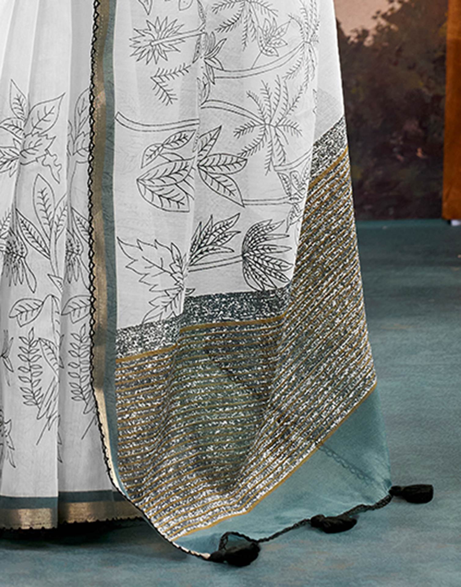 Off White Chanderi Printed Saree