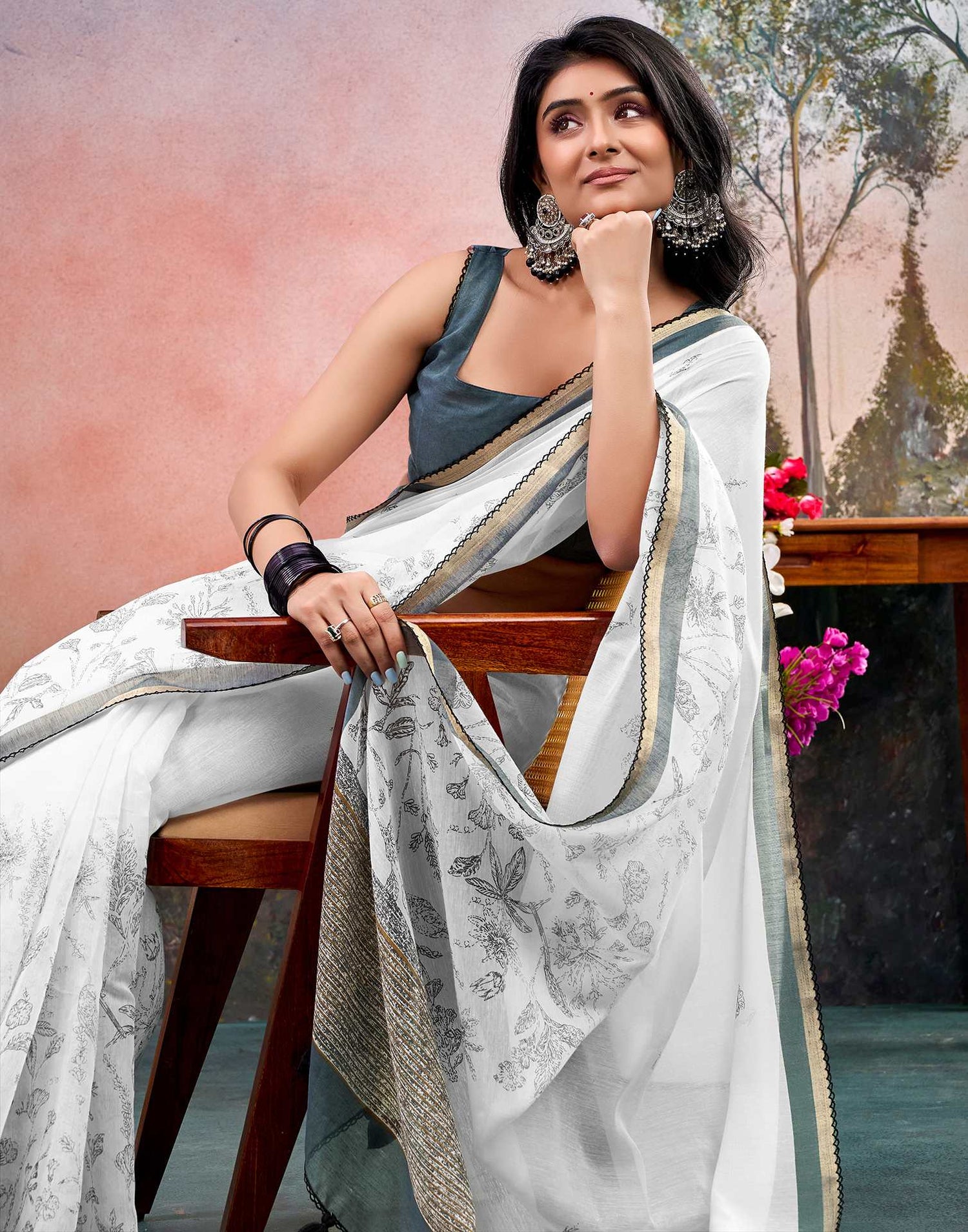 Off White Chanderi Printed Saree