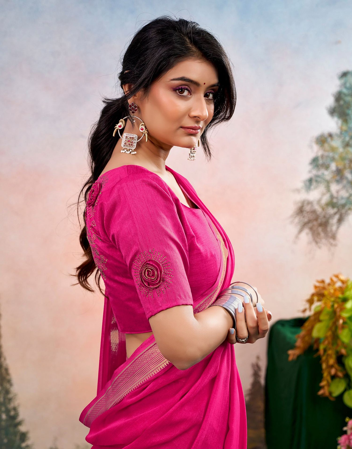 Rani Pink Chiffon Woven Border Saree
