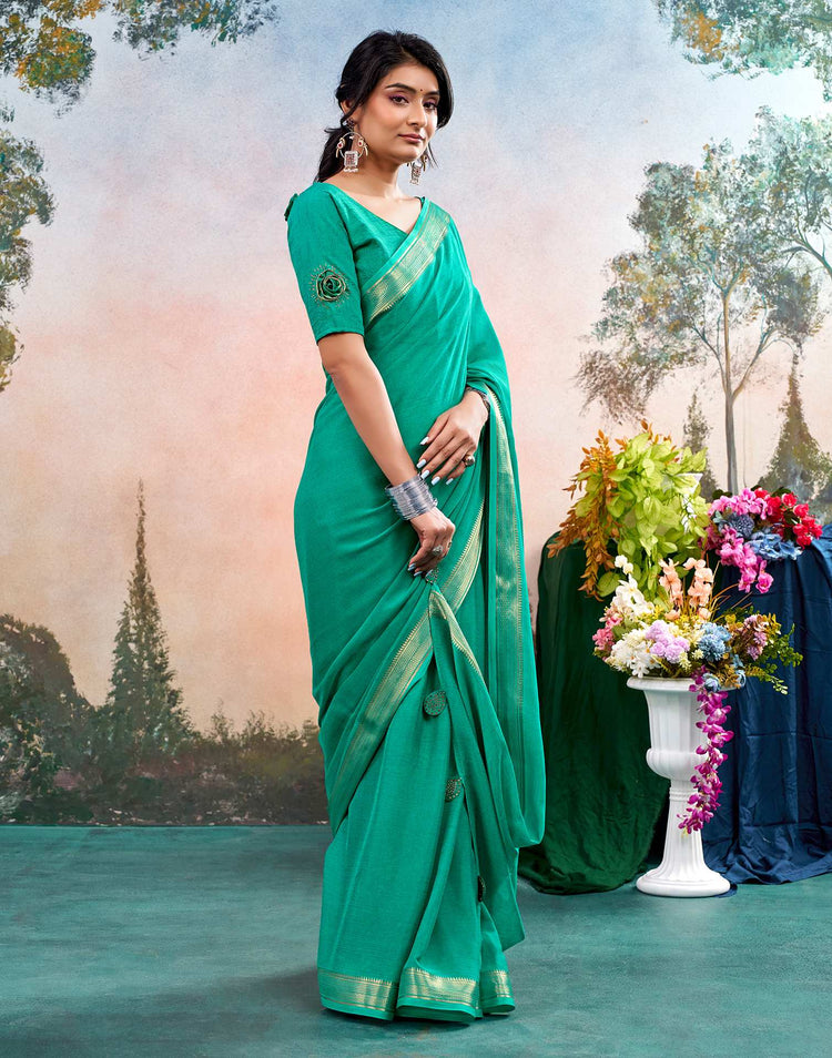 Teal Green Chiffon Woven Border Saree