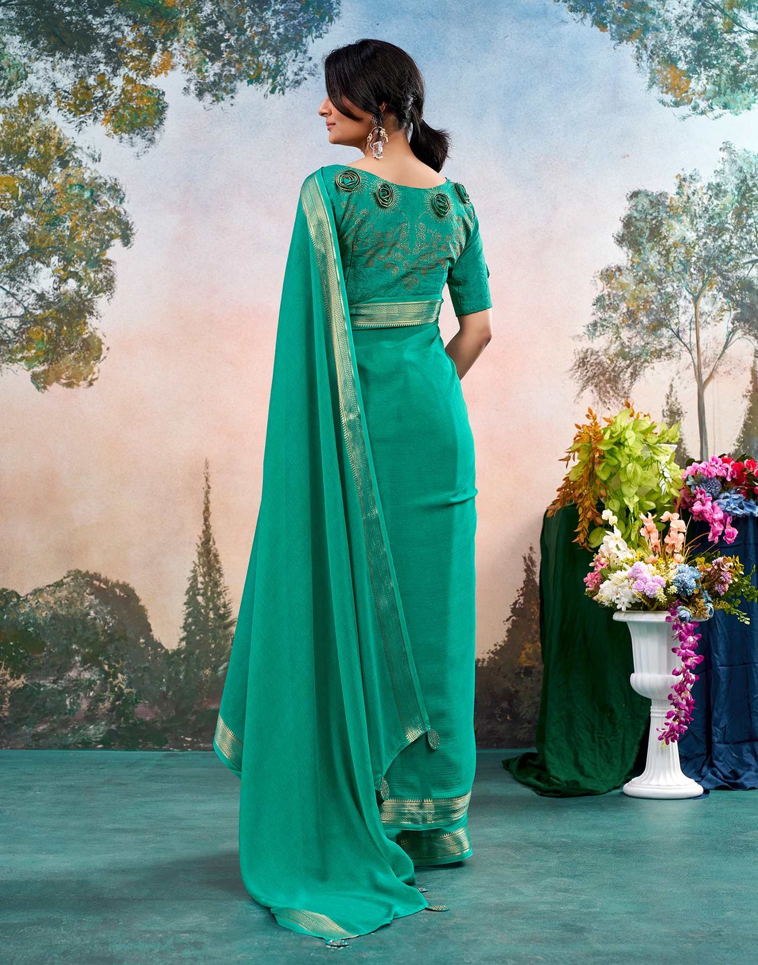 Teal Green Chiffon Woven Border Saree