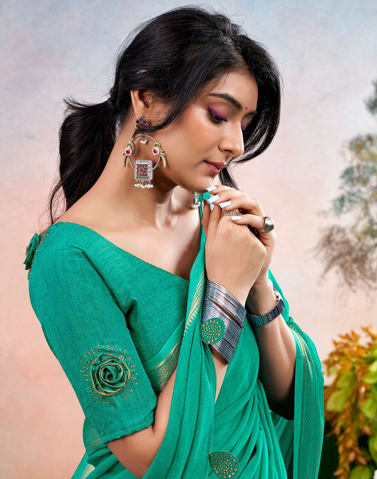 Teal Green Chiffon Woven Border Saree