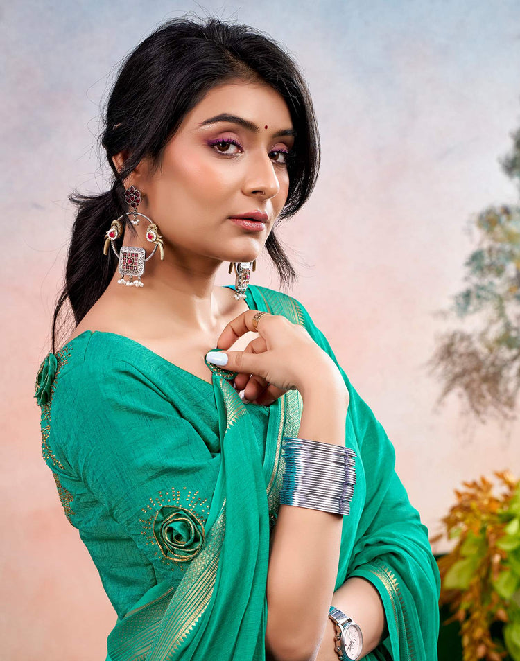 Teal Green Chiffon Woven Border Saree