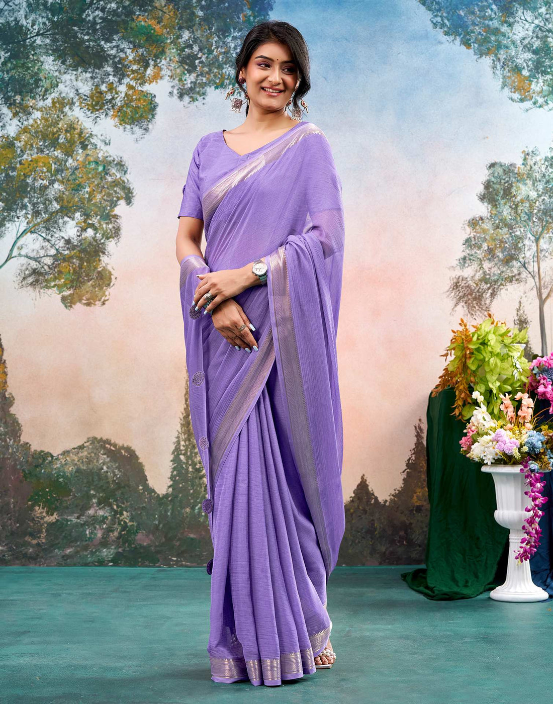 Lavender Chiffon Woven Border Saree