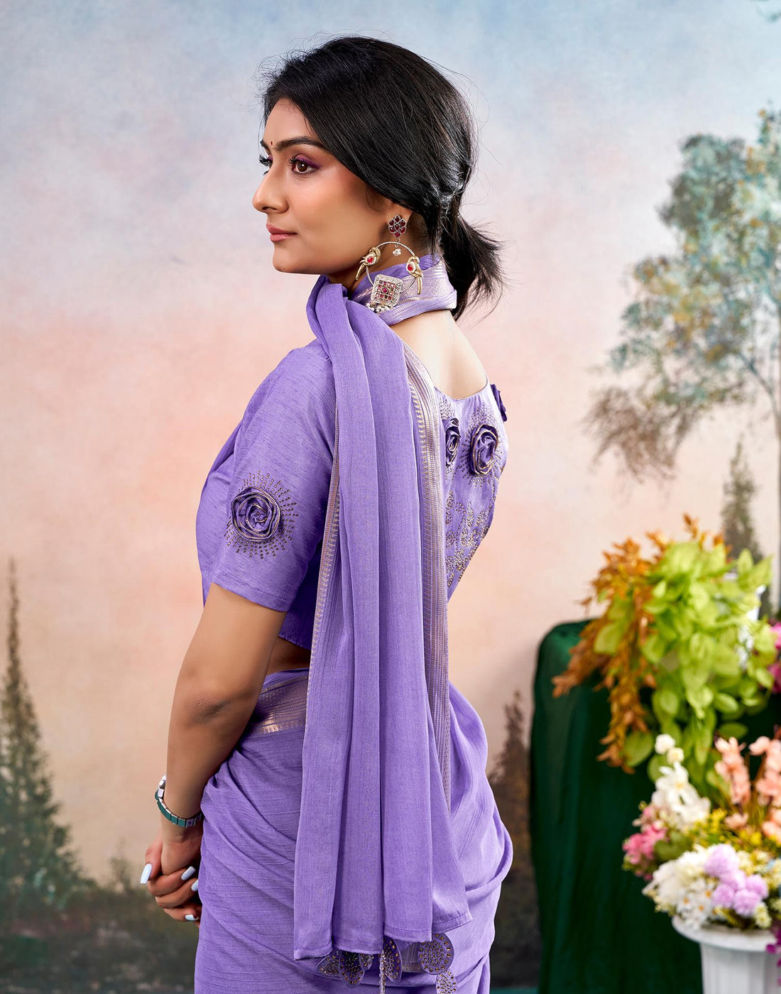 Lavender Chiffon Woven Border Saree
