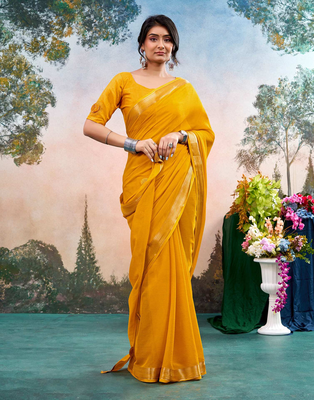 Yellow Chiffon Woven Border Saree