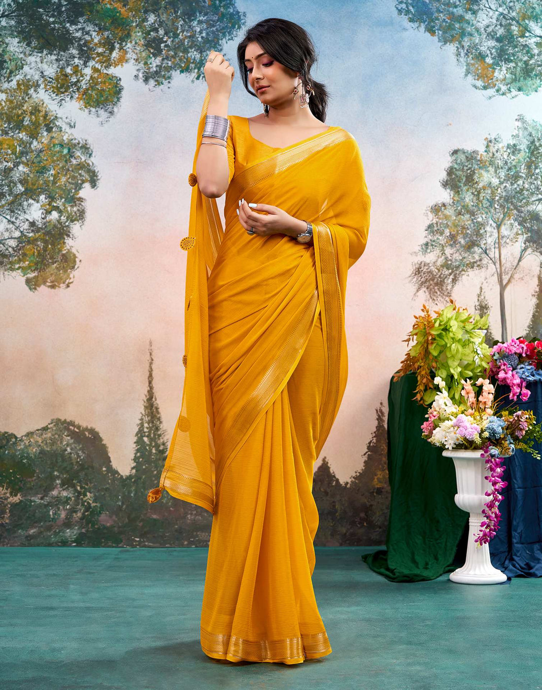 Yellow Chiffon Woven Border Saree