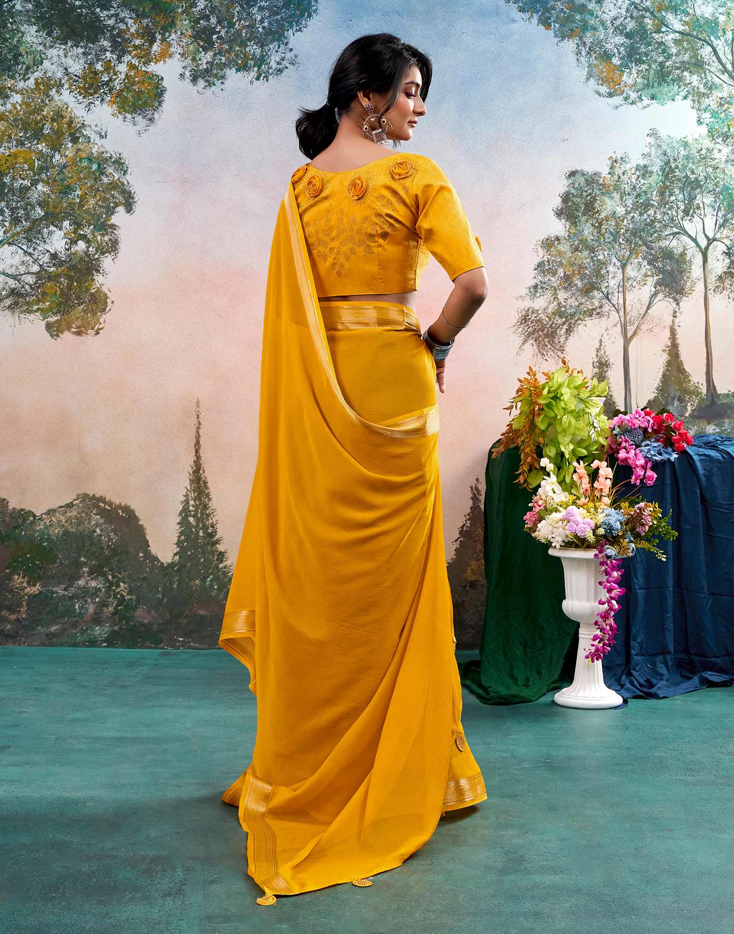 Yellow Chiffon Woven Border Saree