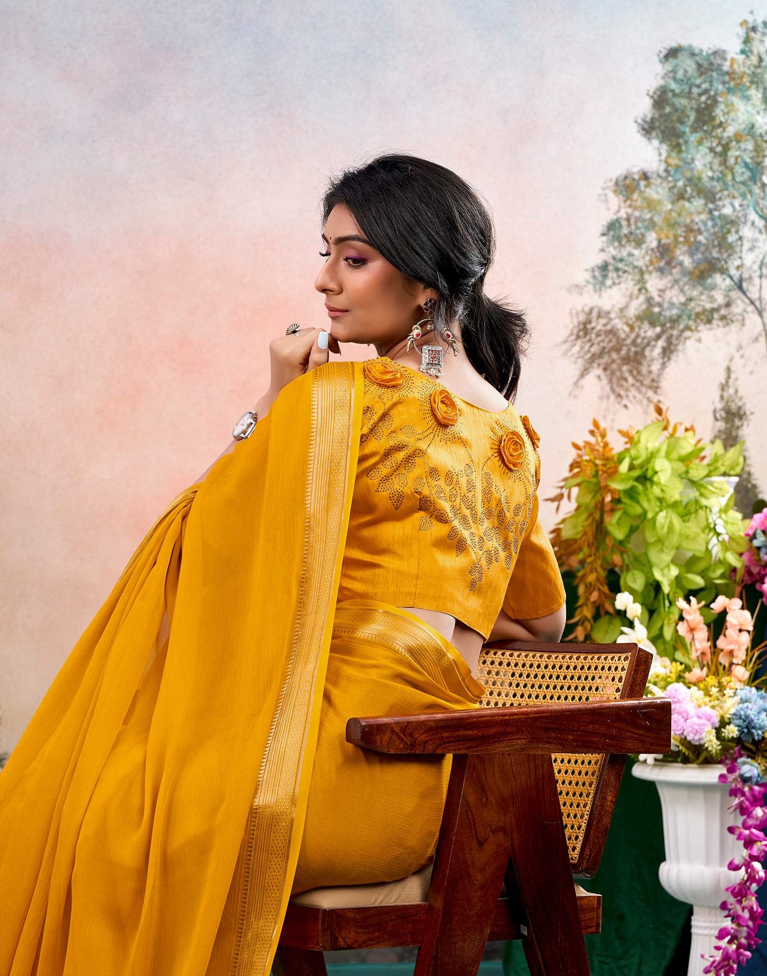 Yellow Chiffon Woven Border Saree