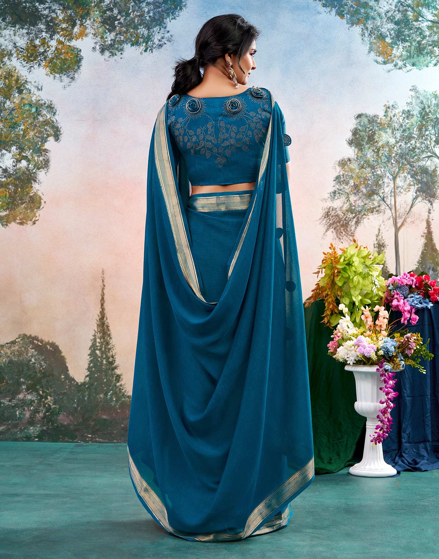 Peacock Blue Chiffon Woven Border Saree