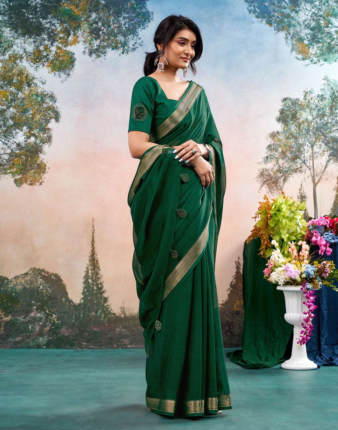 Dark Green Chiffon Woven Border Saree