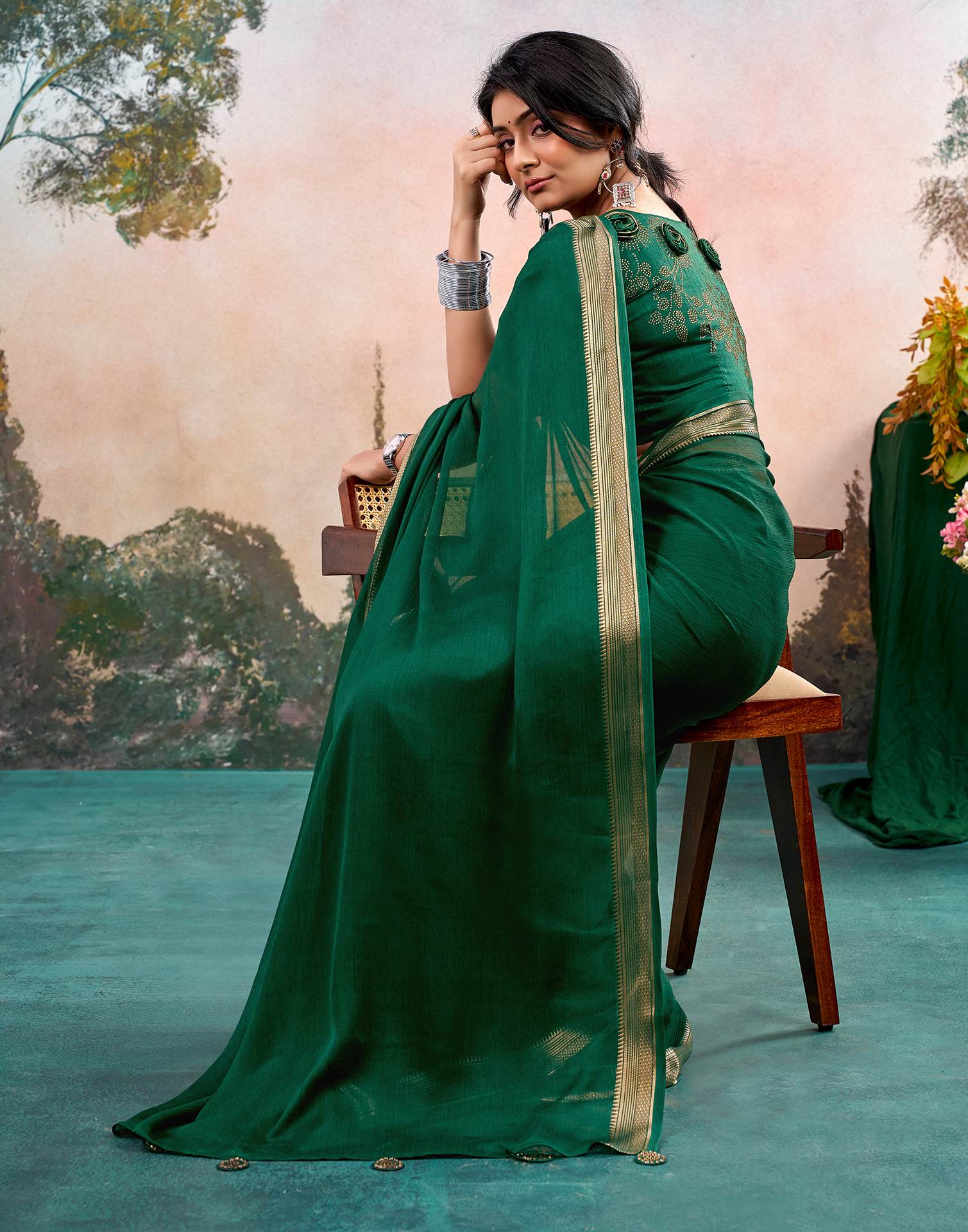 Dark Green Chiffon Woven Border Saree