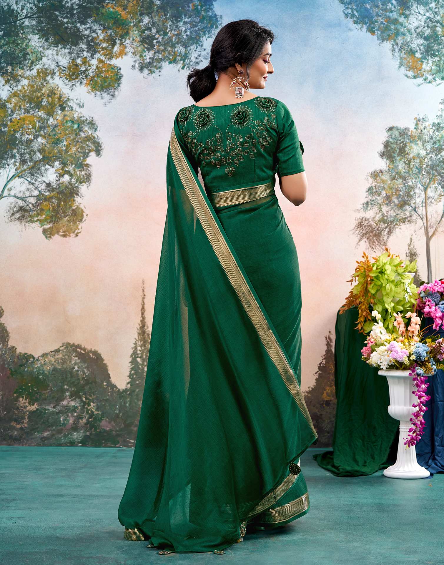 Dark Green Chiffon Woven Border Saree