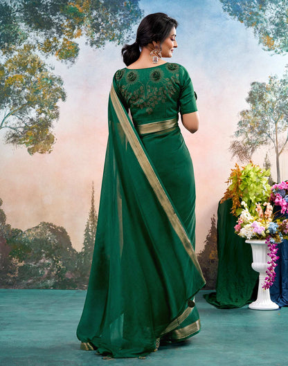 Dark Green Chiffon Woven Border Saree