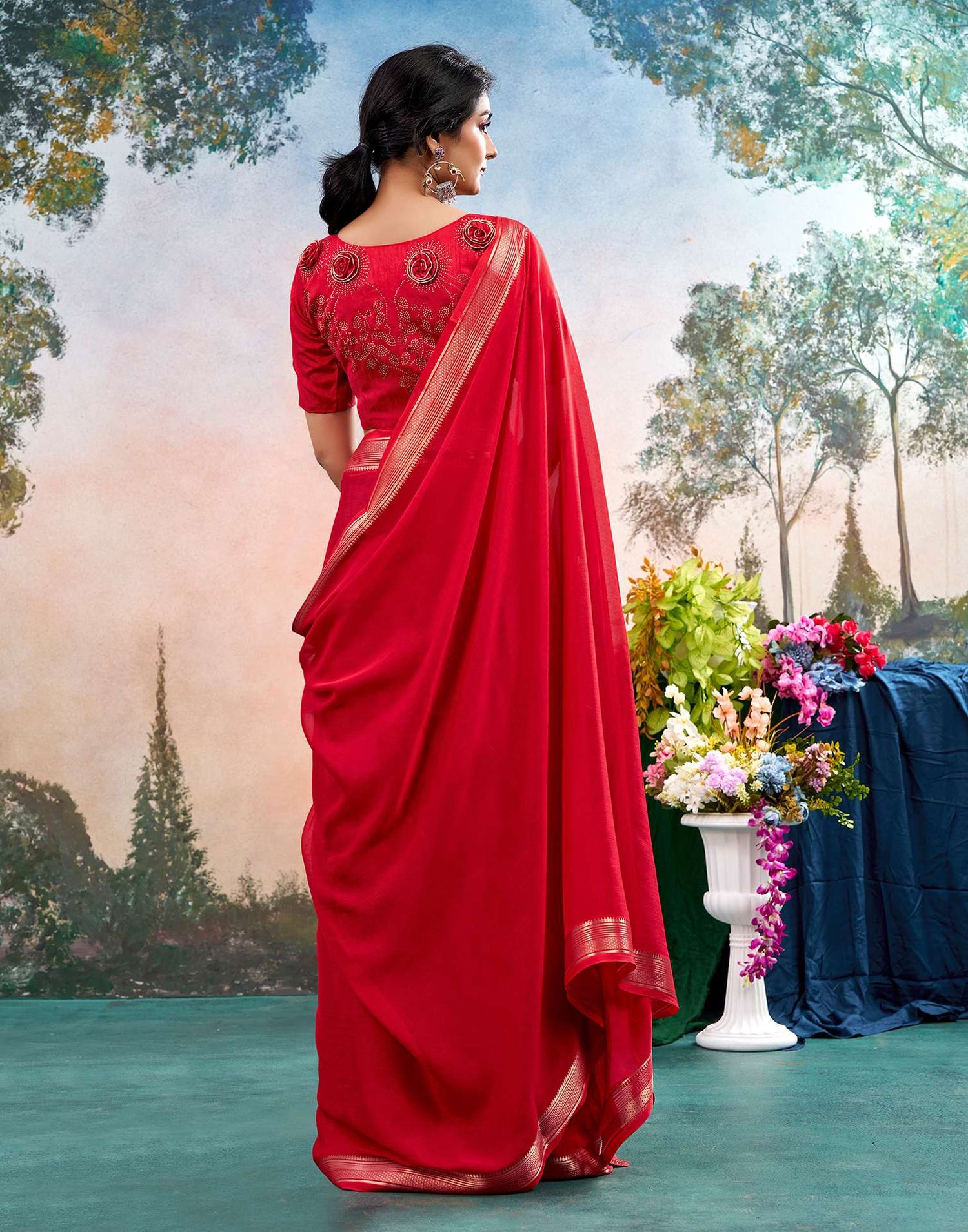 Red Chiffon Woven Border Saree