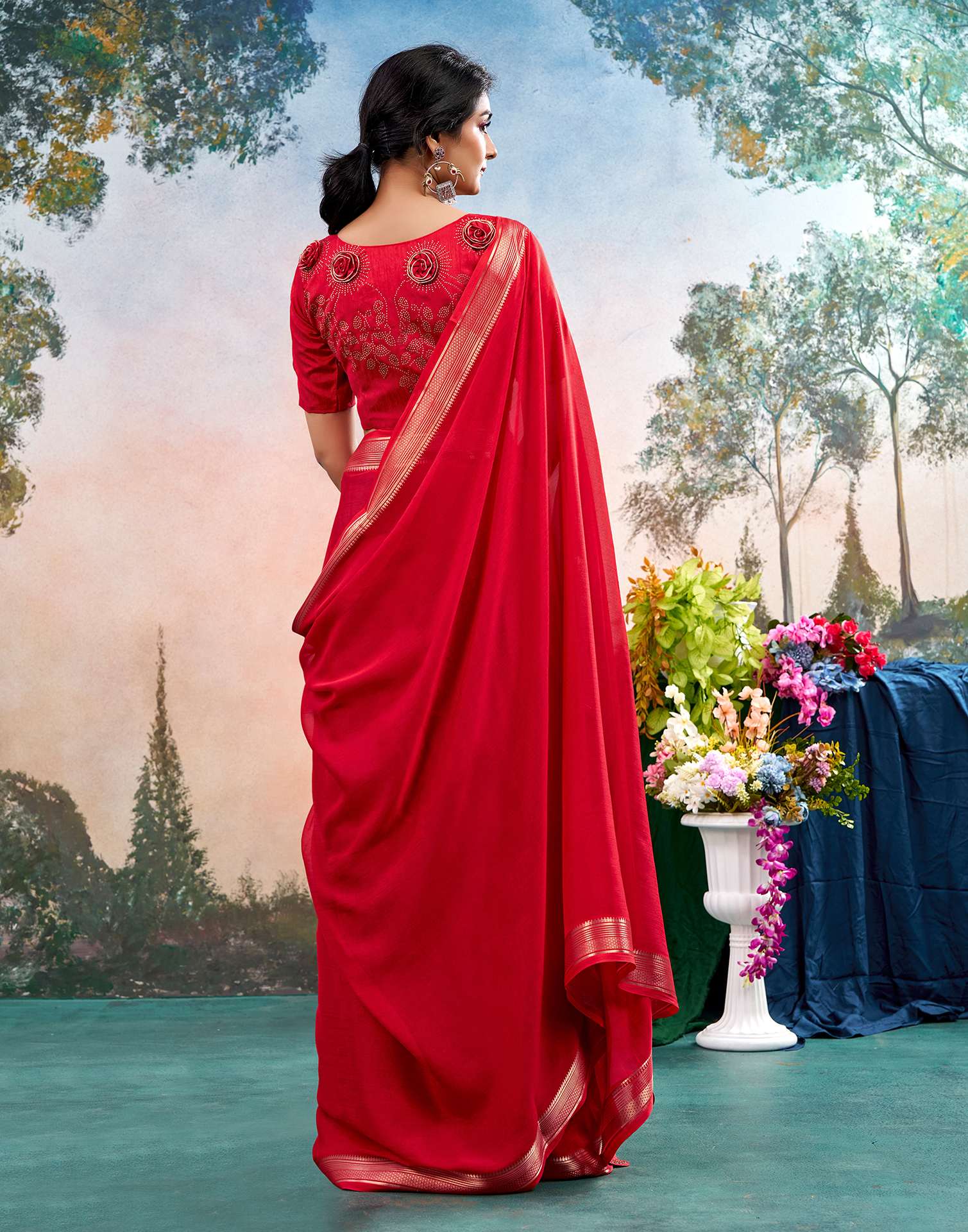 Red Chiffon Woven Border Saree