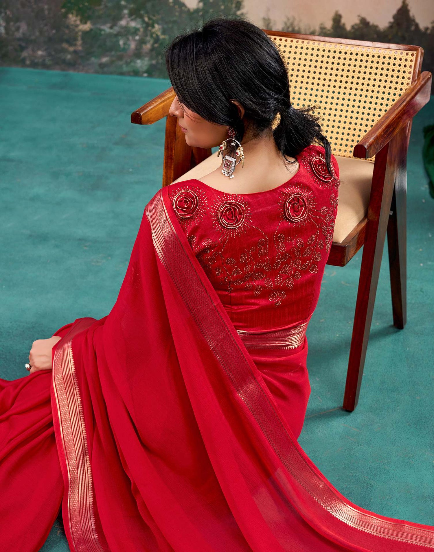 Red Chiffon Woven Border Saree