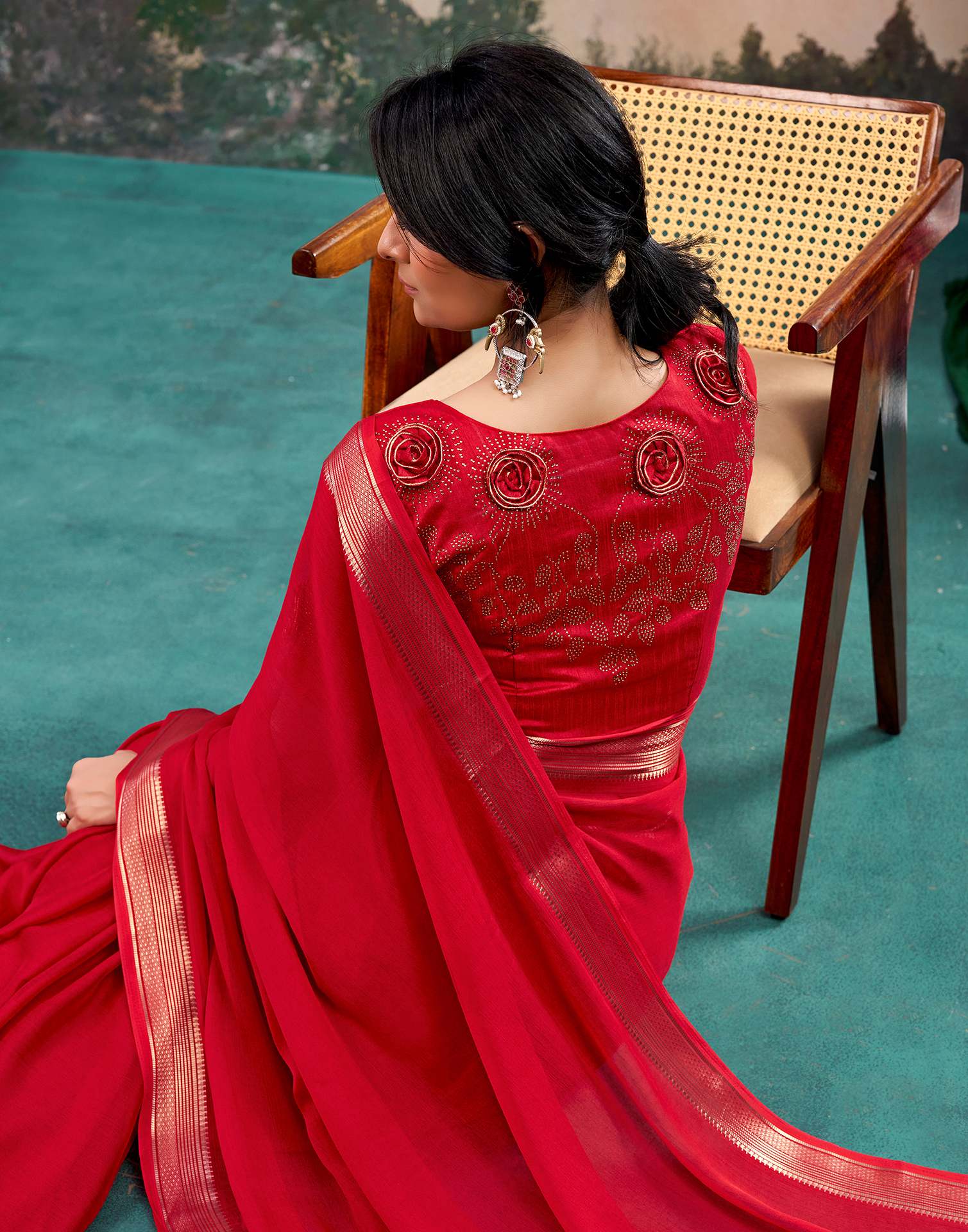 Red Chiffon Woven Border Saree
