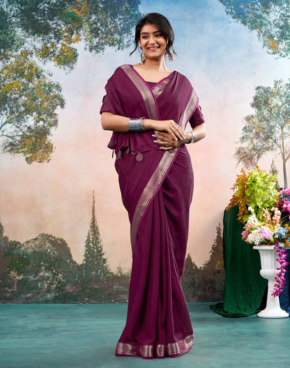 Wine Chiffon Woven Border Saree