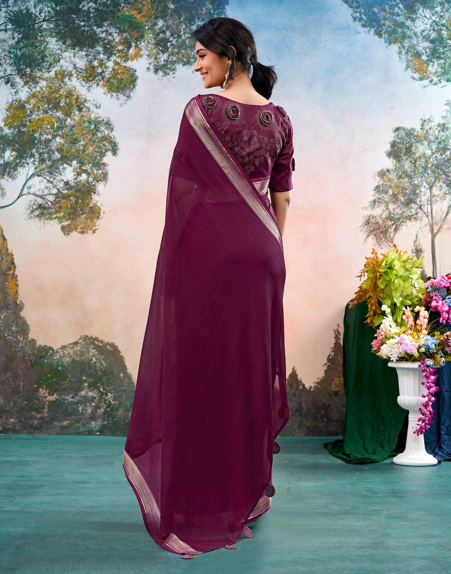 Wine Chiffon Woven Border Saree