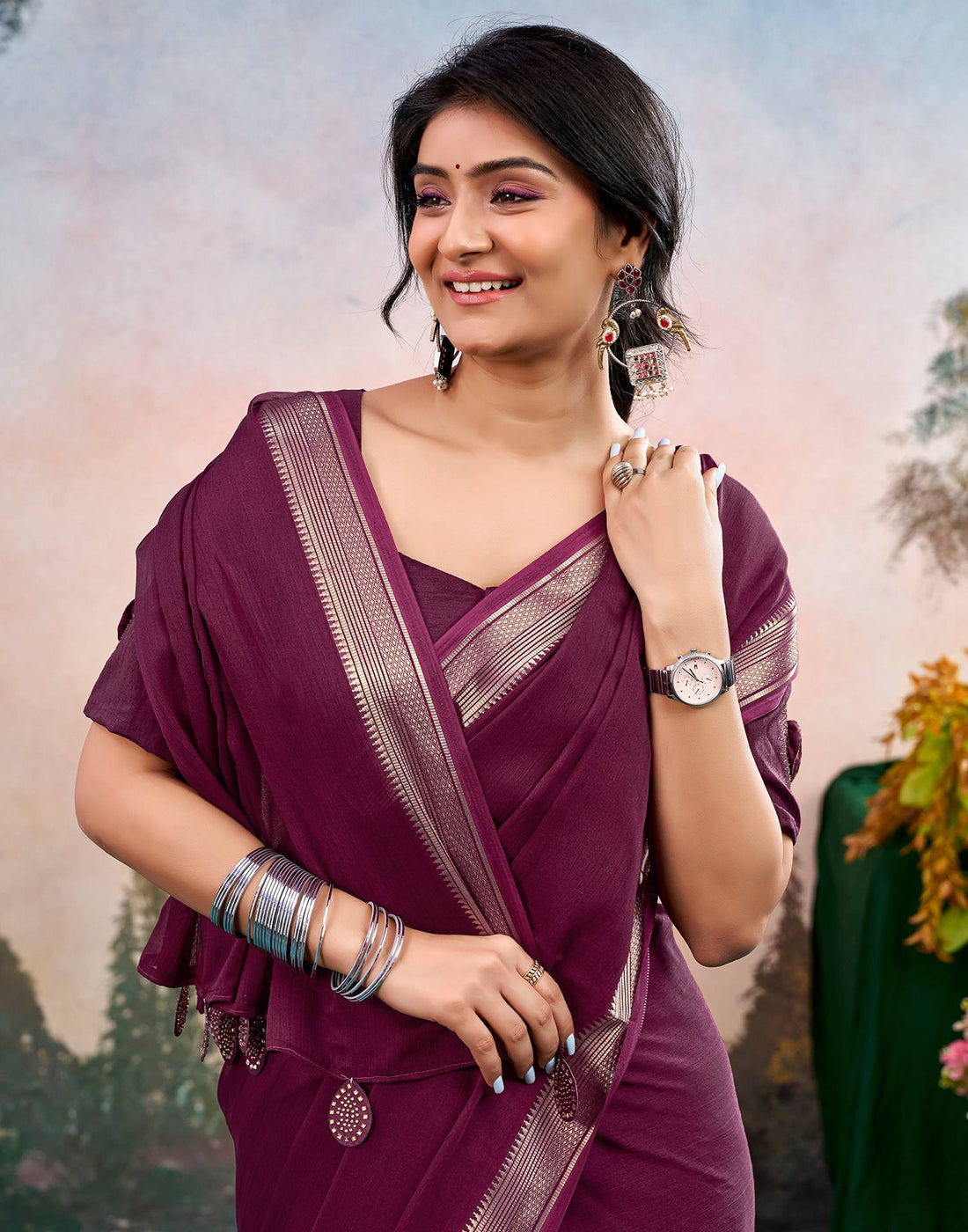 Wine Chiffon Woven Border Saree