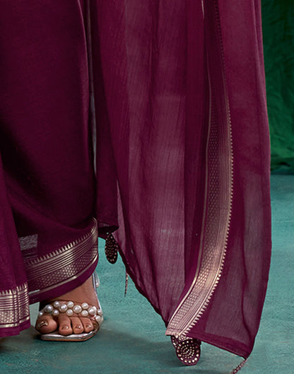 Wine Chiffon Woven Border Saree