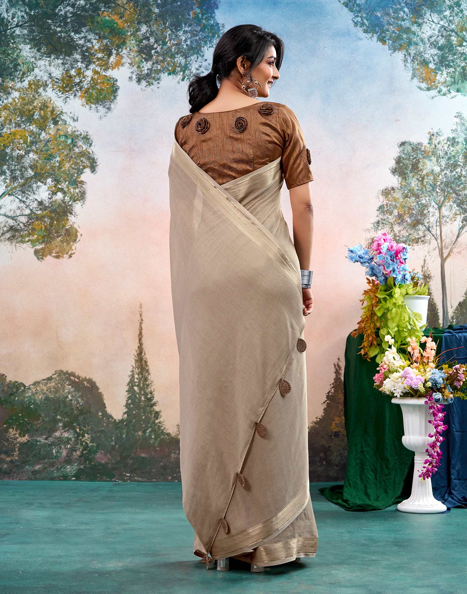 Dusty Beige Chiffon Woven Border Saree