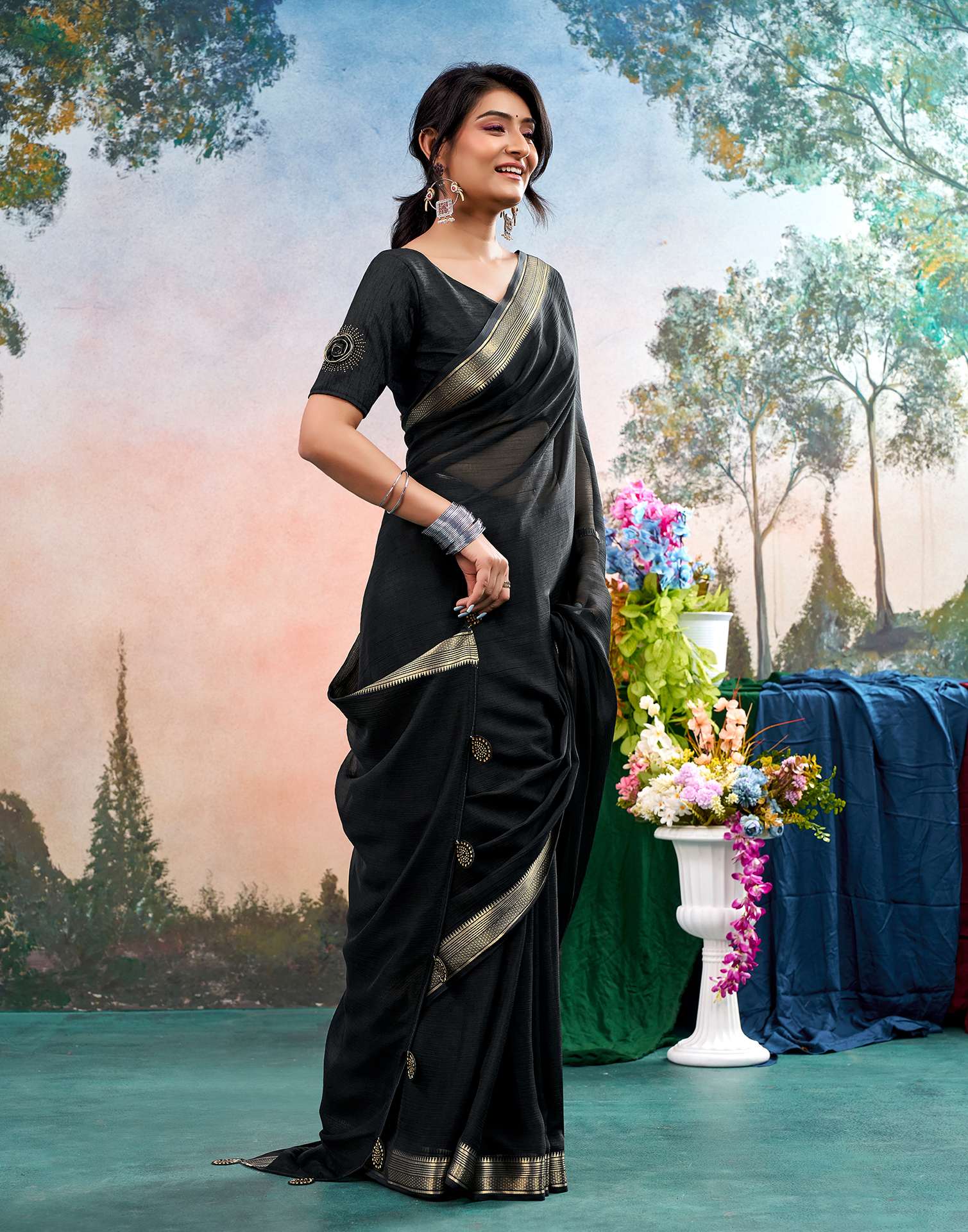Black Chiffon Woven Border Saree