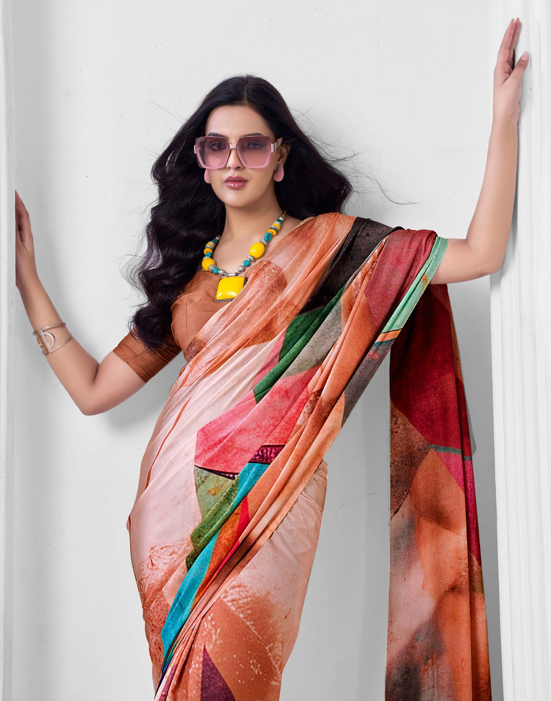 Peach Crepe Printed Saree