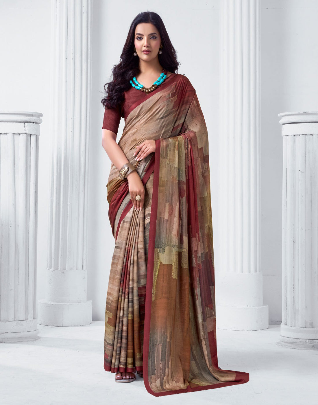 Dark Beige Crepe Printed Saree