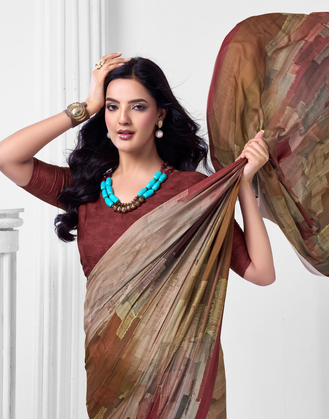 Dark Beige Crepe Printed Saree