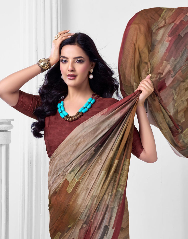 Dark Beige Crepe Printed Saree