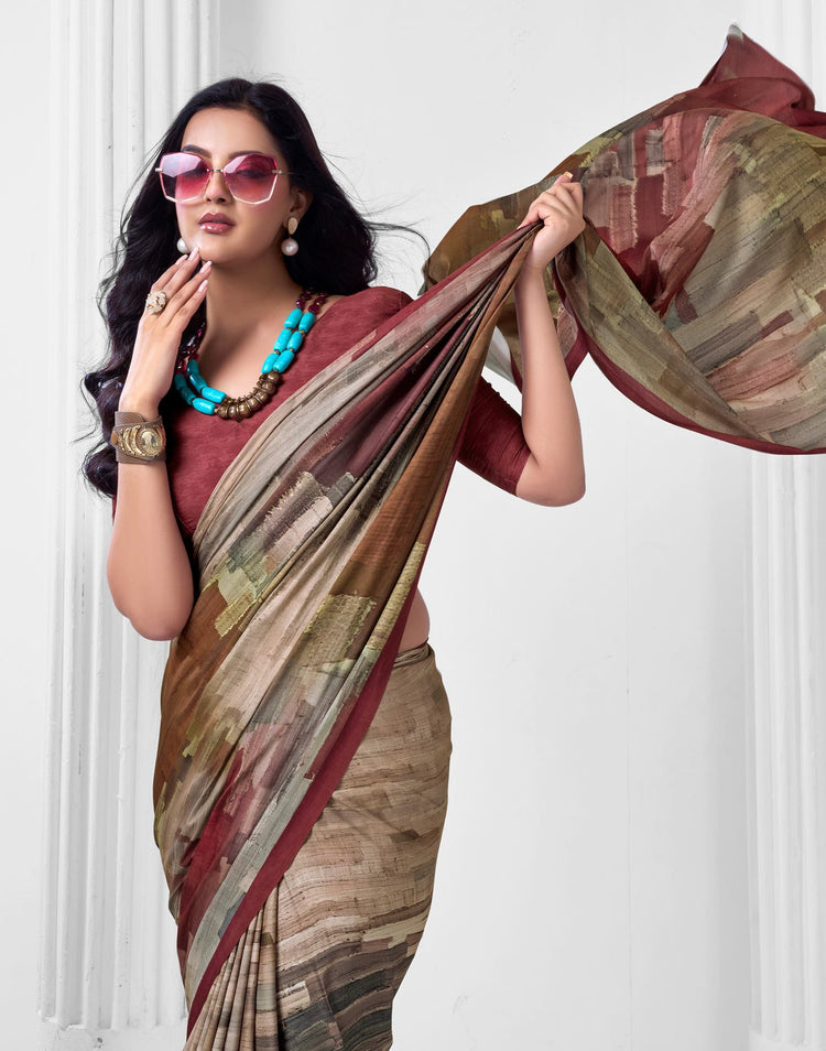Dark Beige Crepe Printed Saree