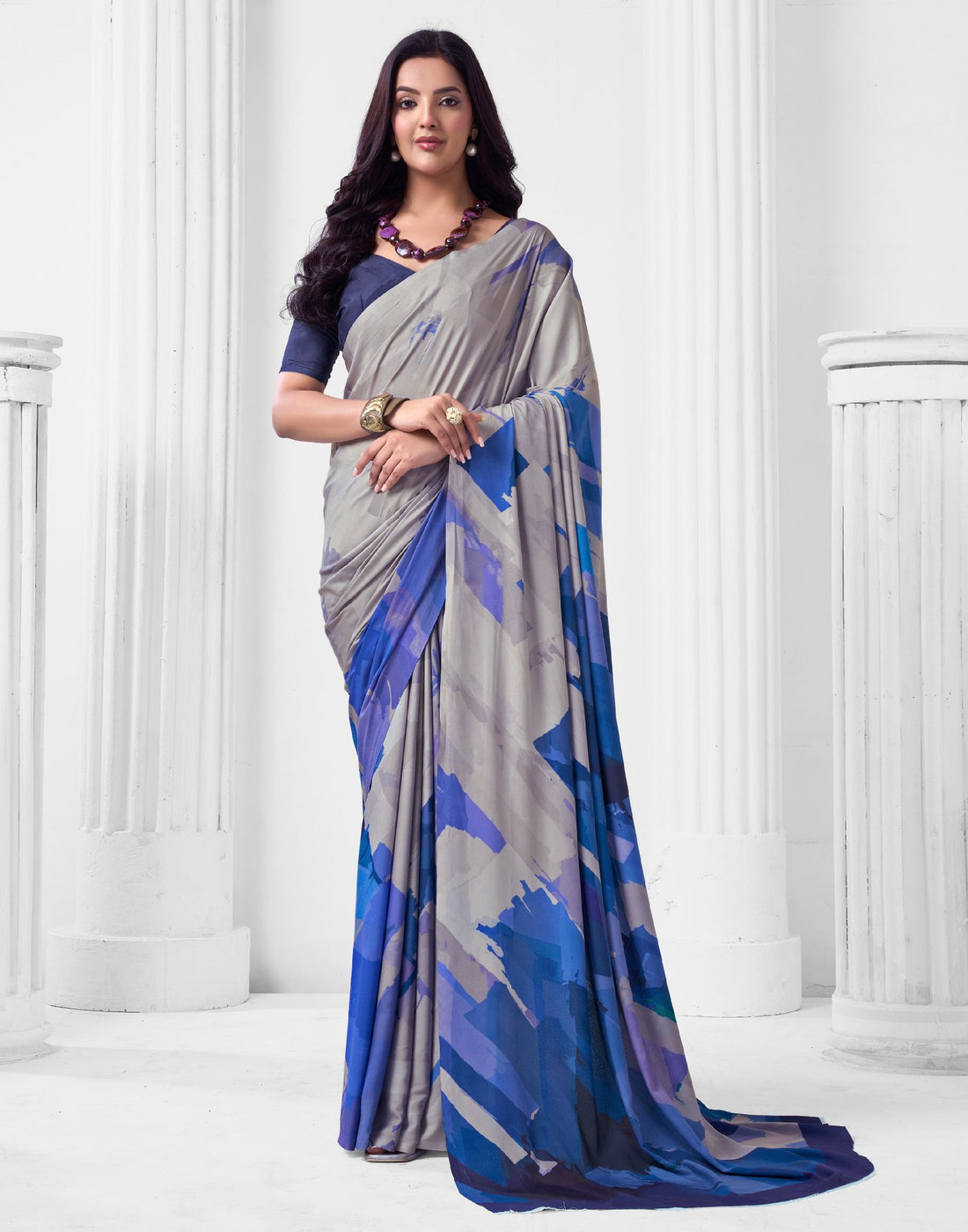 Grey Crepe Printed Saree