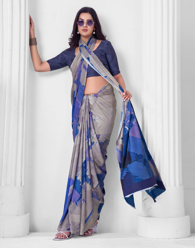 Grey Crepe Printed Saree