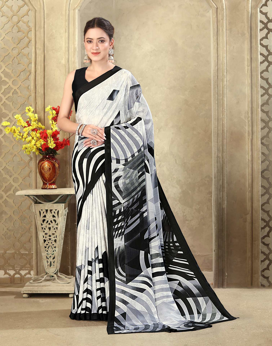 Off White Crepe Silk Printed Saree
