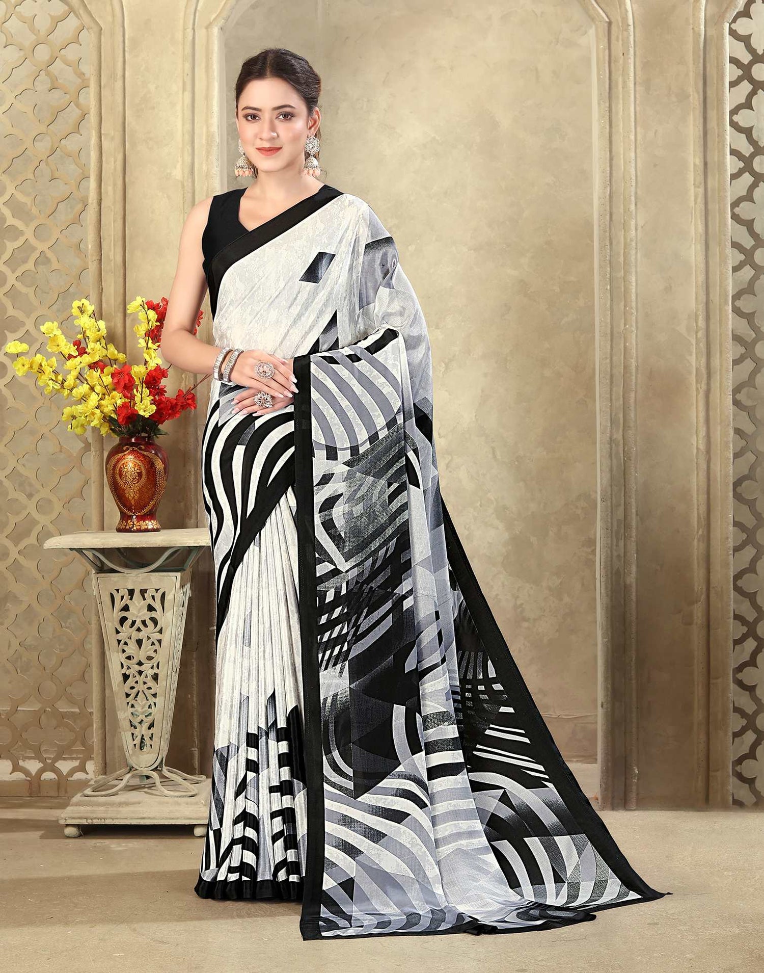Off White Crepe Silk Printed Saree