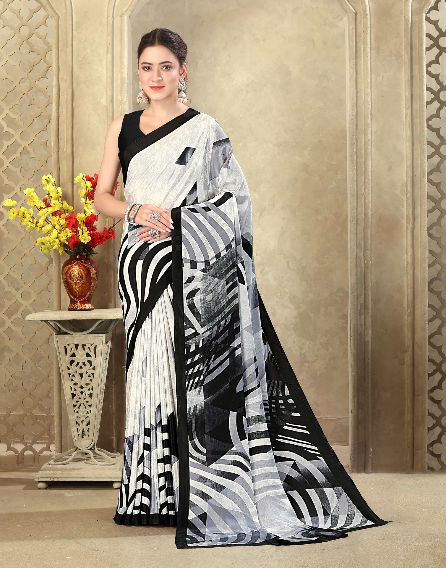 Off White Crepe Silk Printed Saree