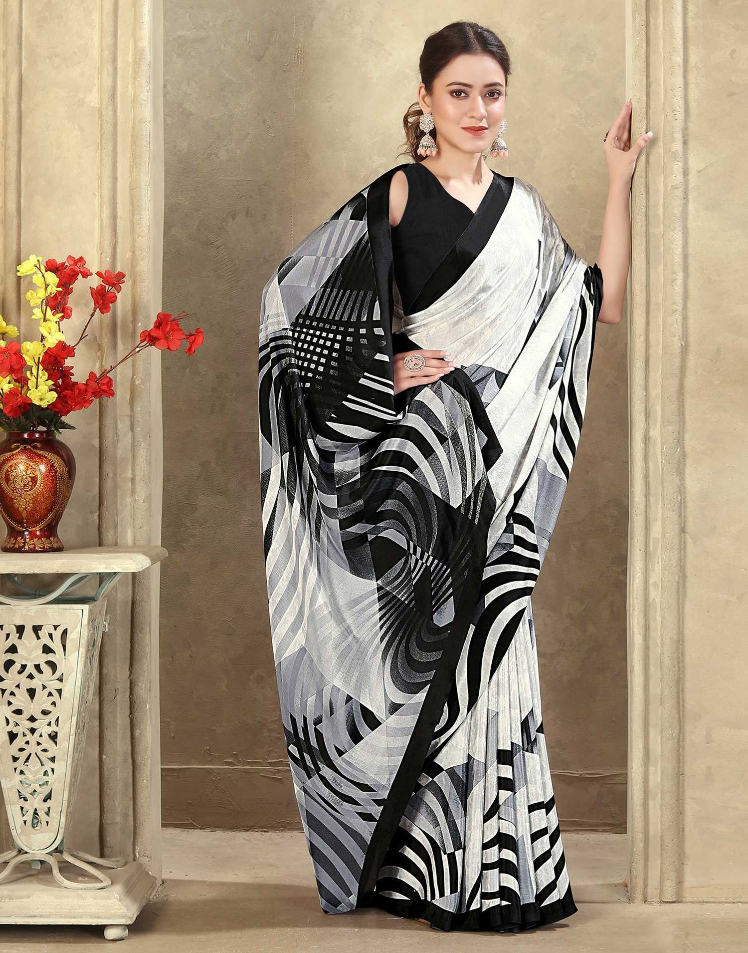 Off White Crepe Silk Printed Saree