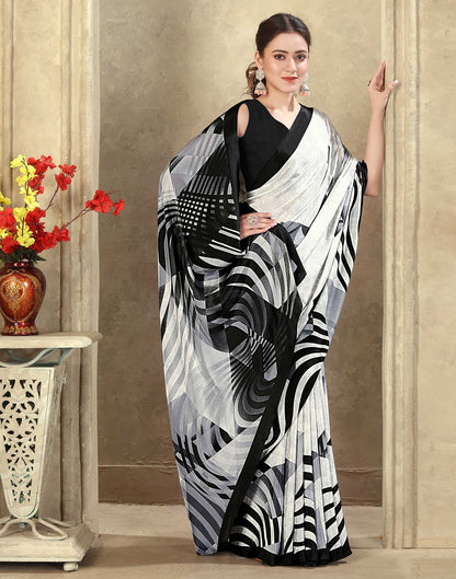 Off White Crepe Silk Printed Saree