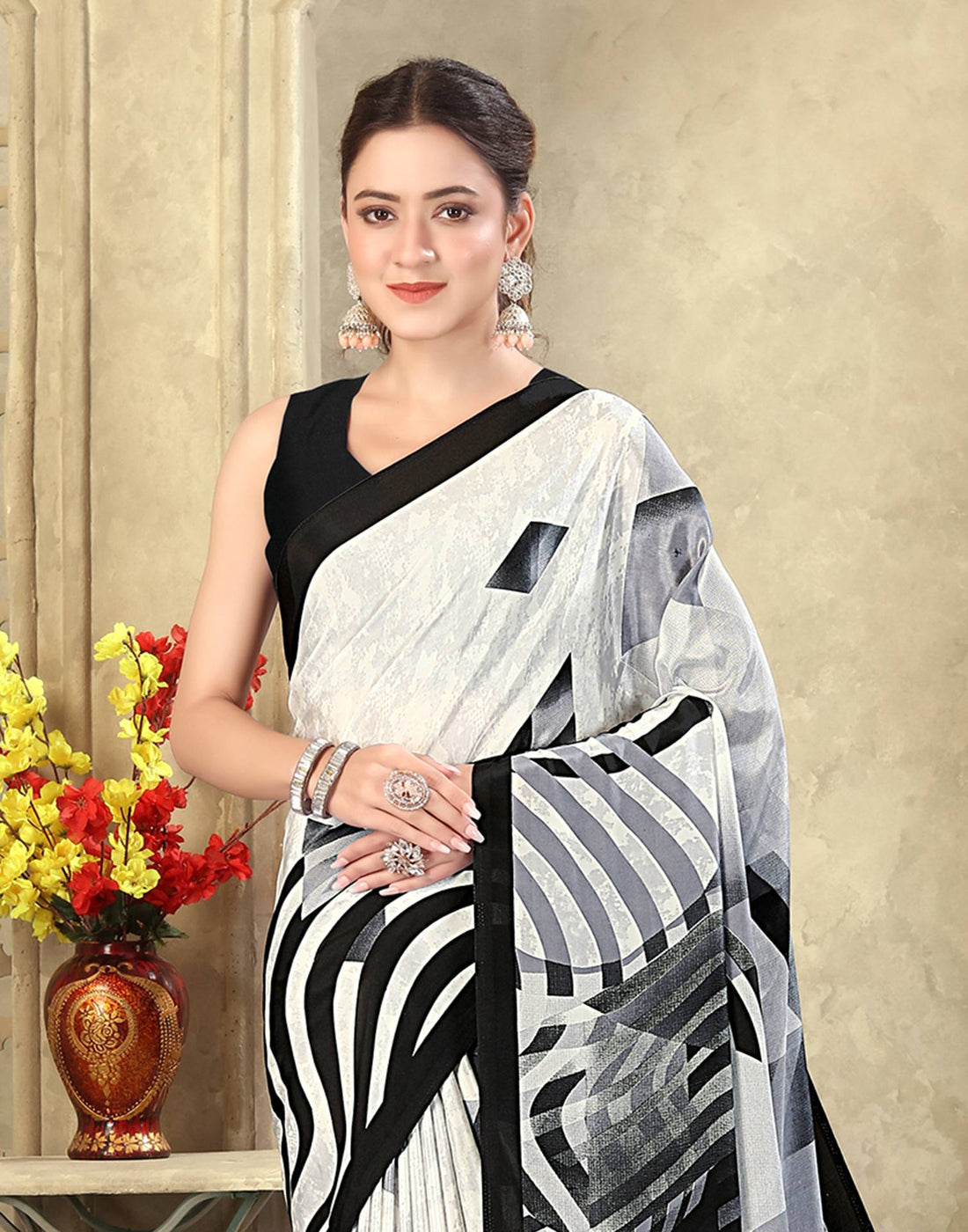Off White Crepe Silk Printed Saree