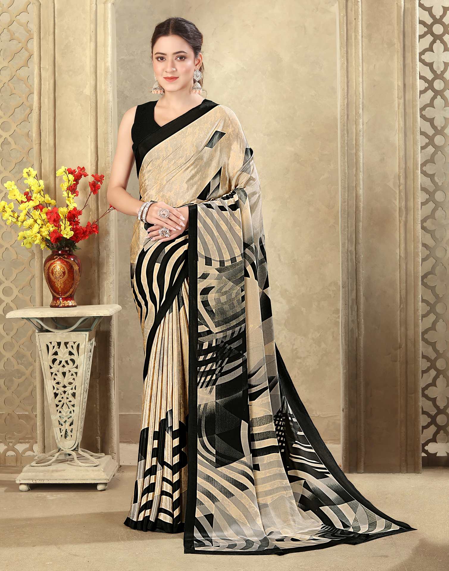 Beige Crepe Silk Printed Saree