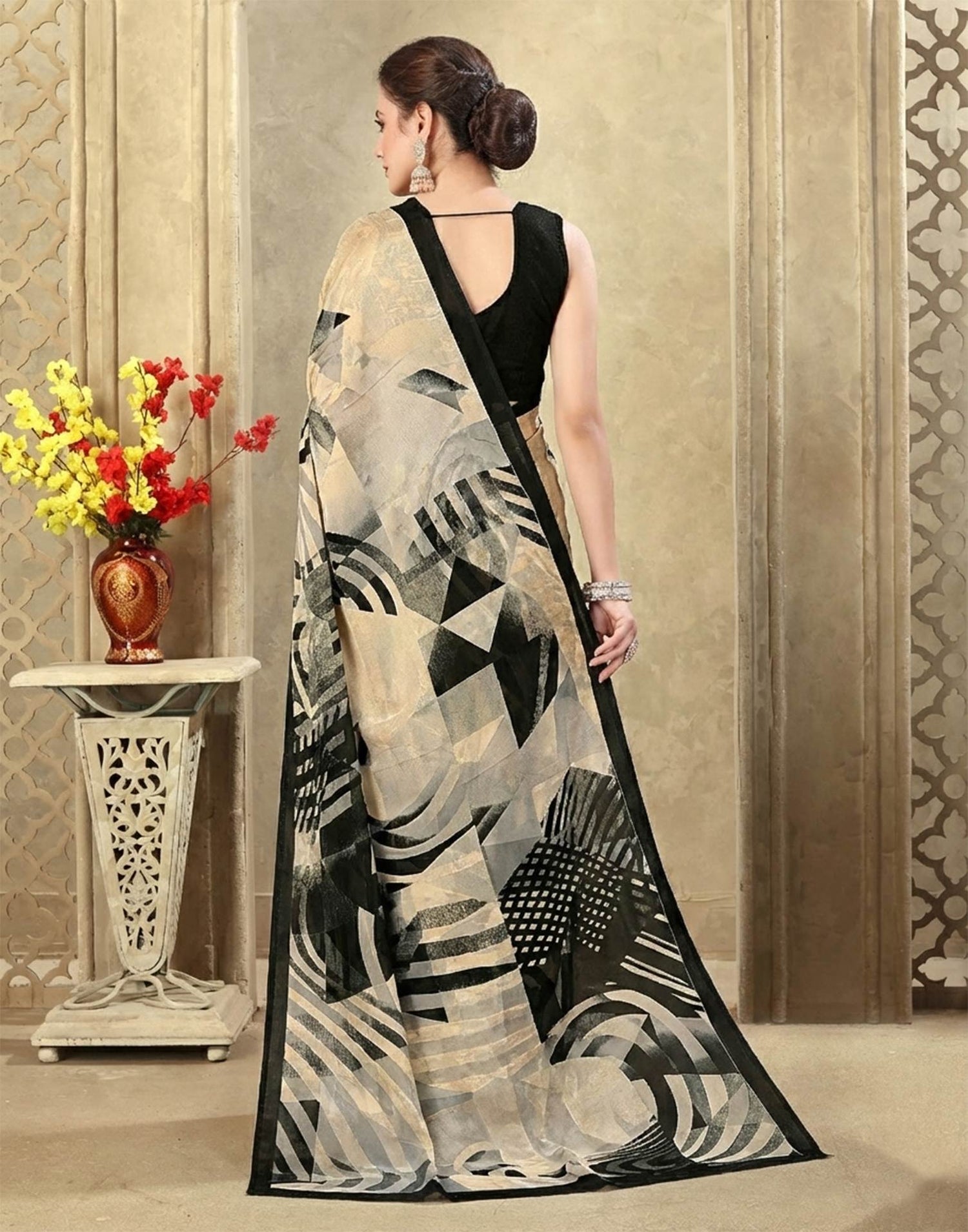 Beige Crepe Silk Printed Saree