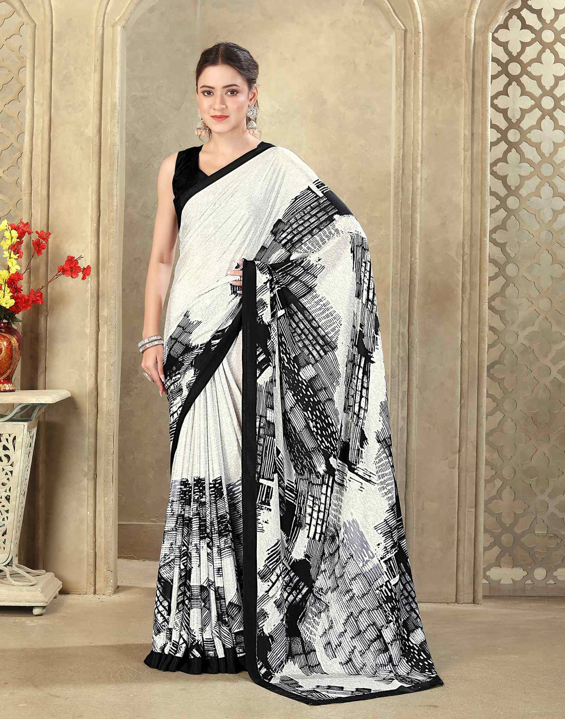 Off White Crepe Silk Printed Saree