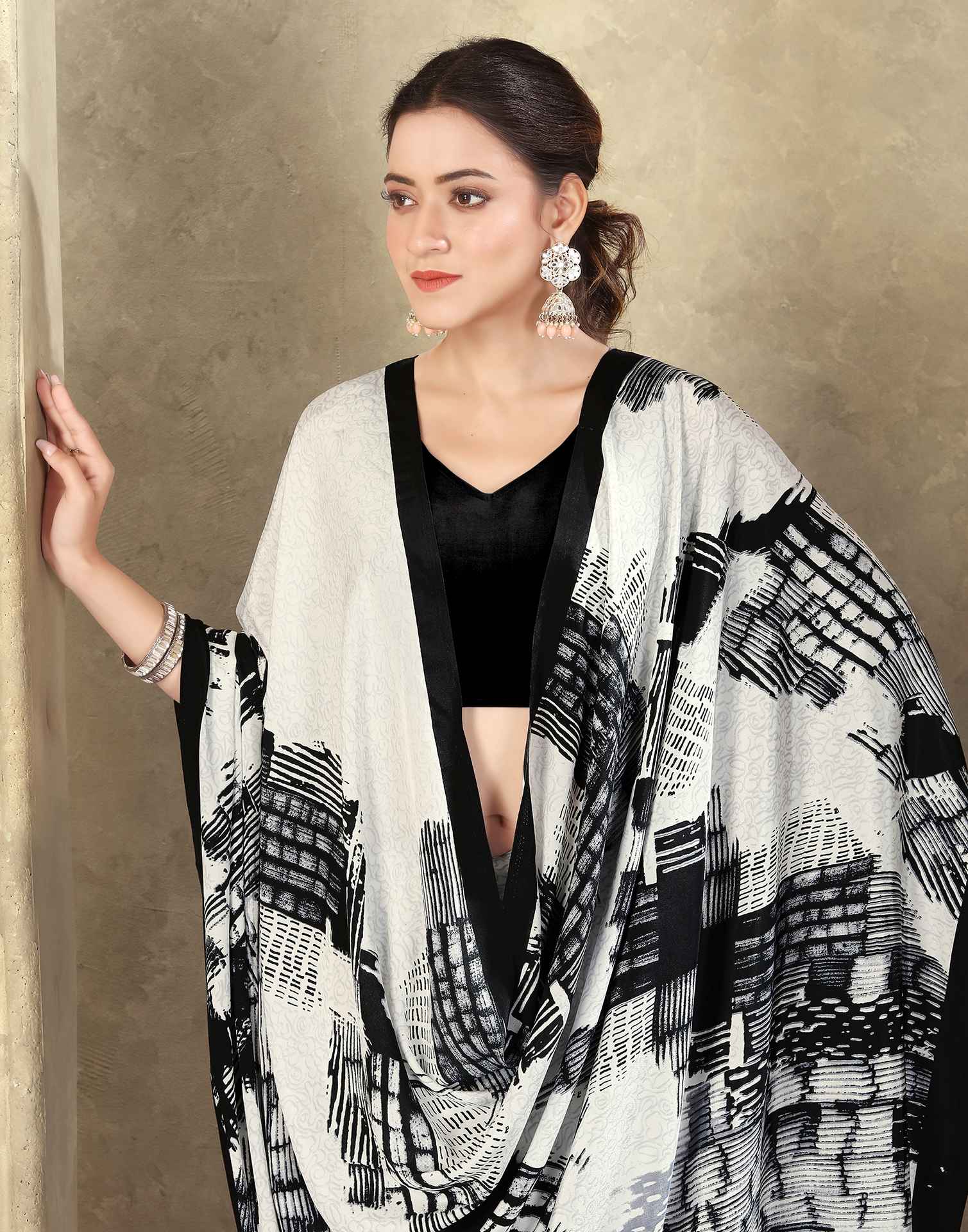Off White Crepe Silk Printed Saree