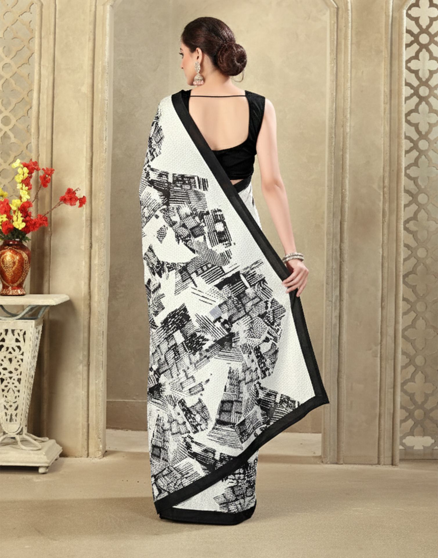 Off White Crepe Silk Printed Saree