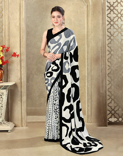 Off White Crepe Silk Printed Saree