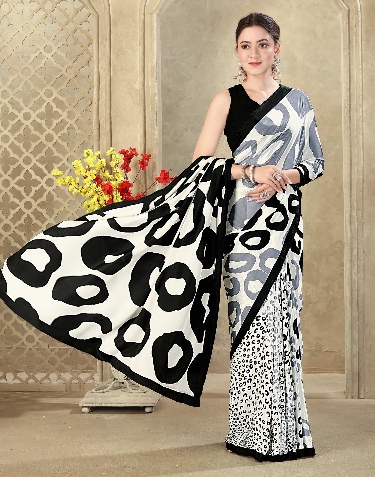 Off White Crepe Silk Printed Saree