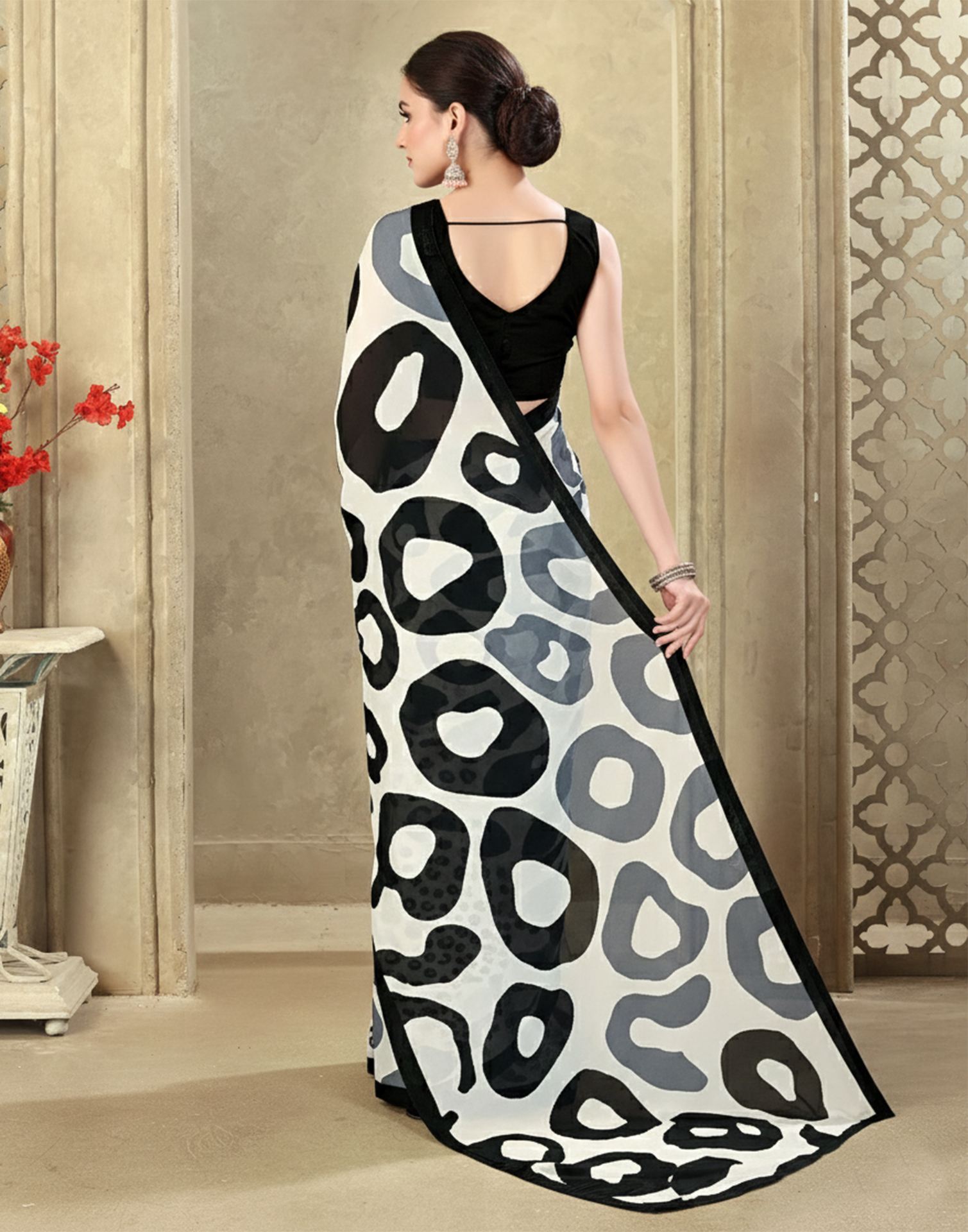 Off White Crepe Silk Printed Saree