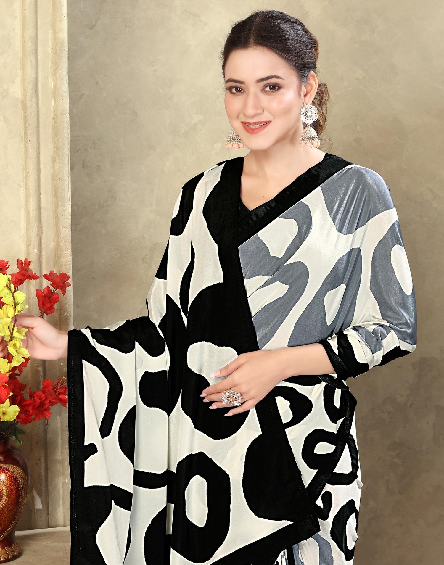 Off White Crepe Silk Printed Saree